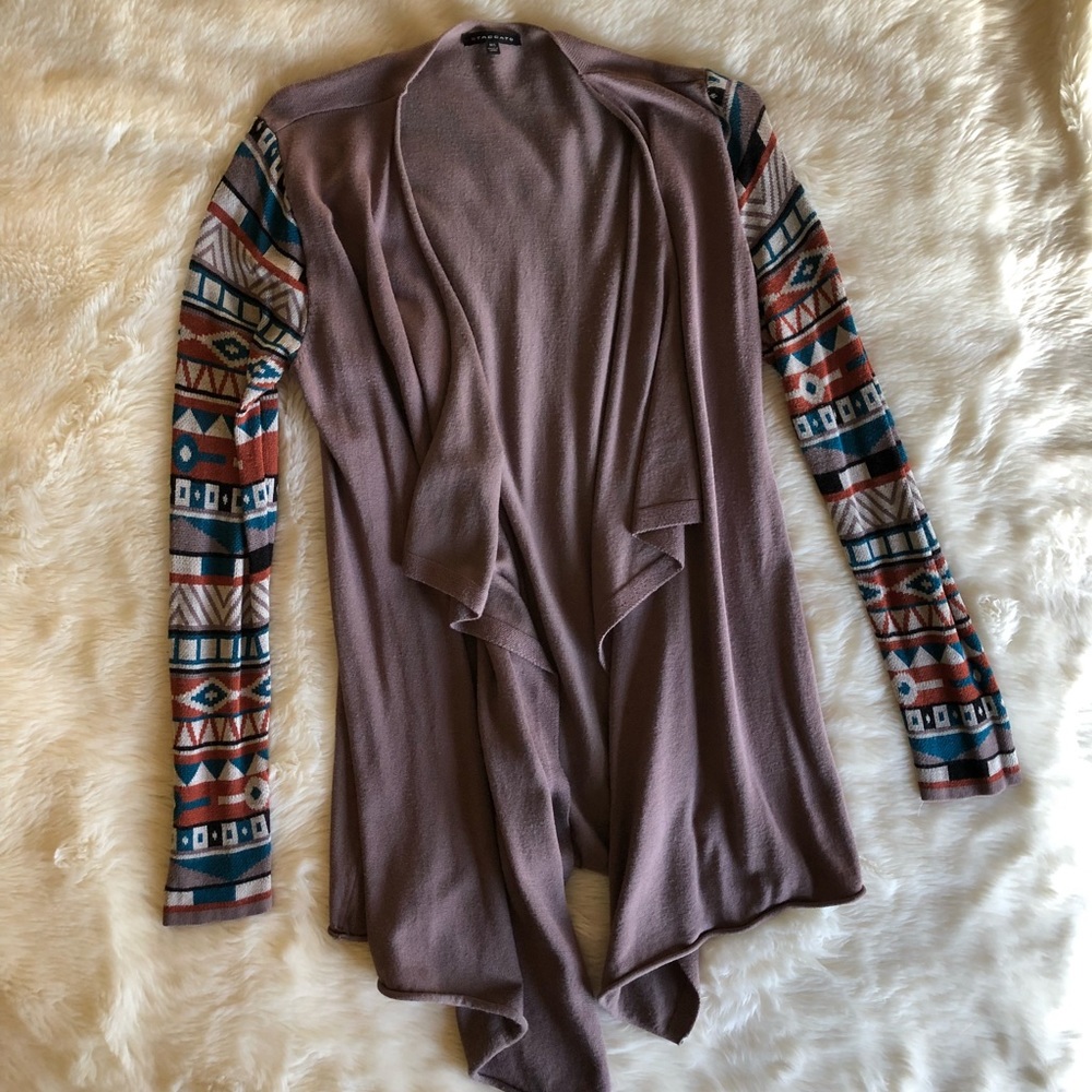 Brown Flyaway Sweater Cardigan w/ Accent Sleeves